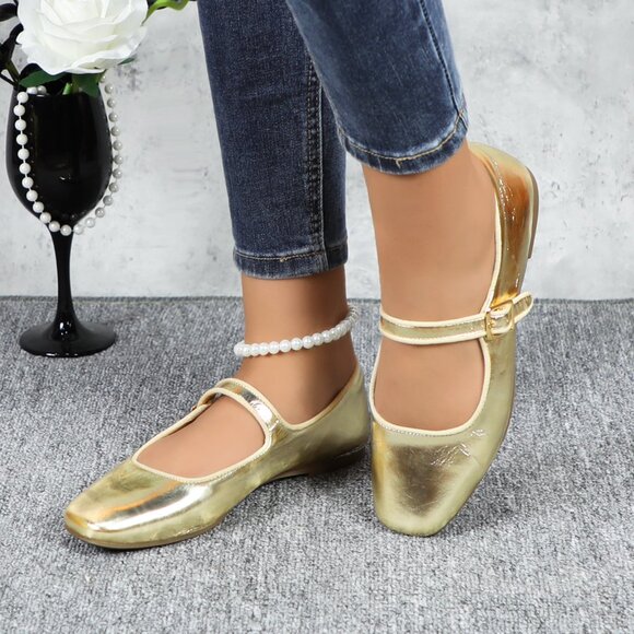 Gold Cushioned Insole Classic Mary Jane Ballet Flat Adjustable Ankle Strap - Picture 2 of 11
